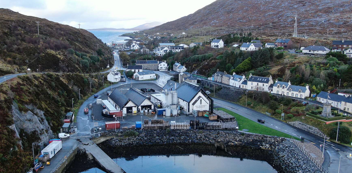 Aerial view of Isle of Harris Distillery and the village of Tarbert, Outer Hebrides