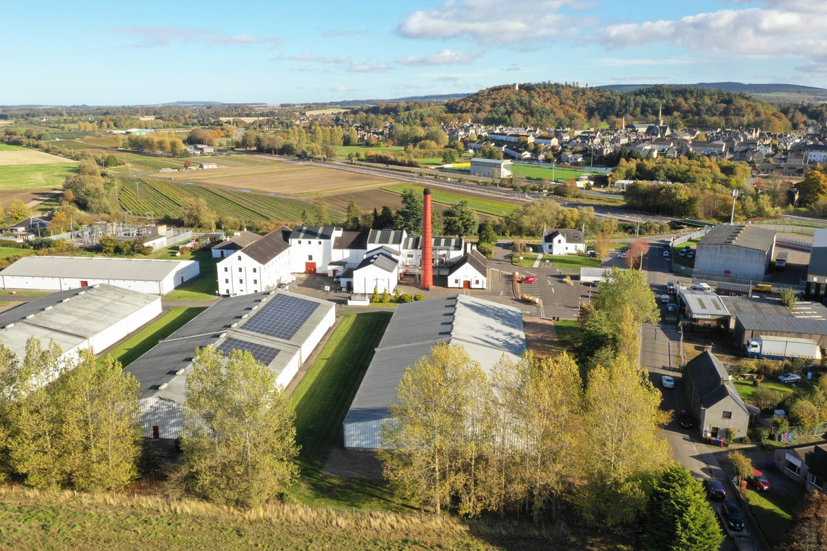 Benromach Distillery near Forres in Speyside, viewed from the air