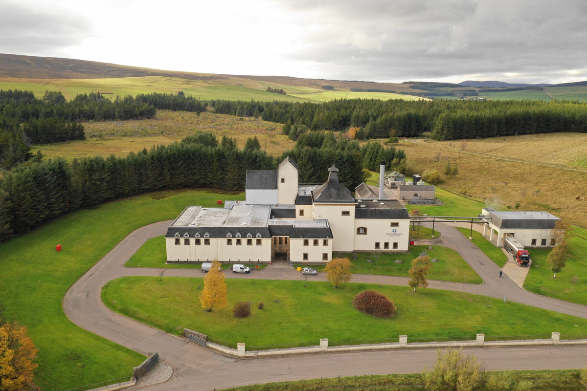 Braeval Distillery in the remote Braes of Glenlivet, viewed from the air