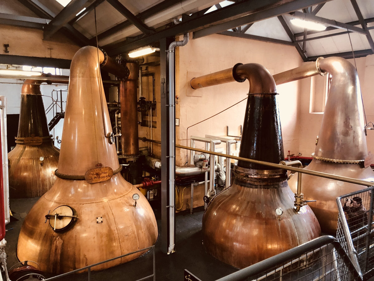 Copper pot stills in the still house at Fettercairn Distillery in the Highlands