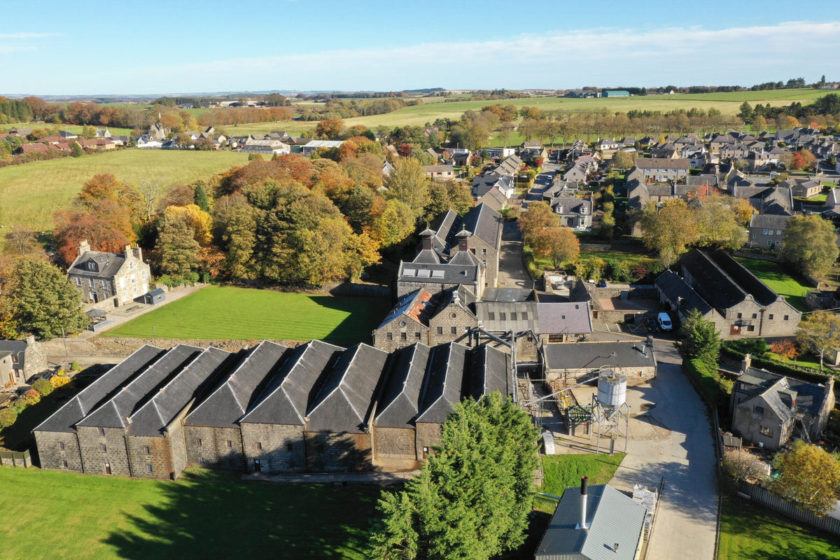 Glen Garioch Distillery and the rooftops of Oldmeldrum, Aberdeenshire, from above