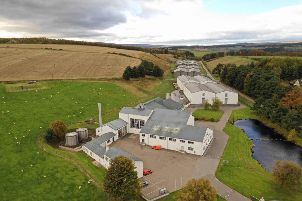 Looking down on The GlenAllachie Distillery in Speyside