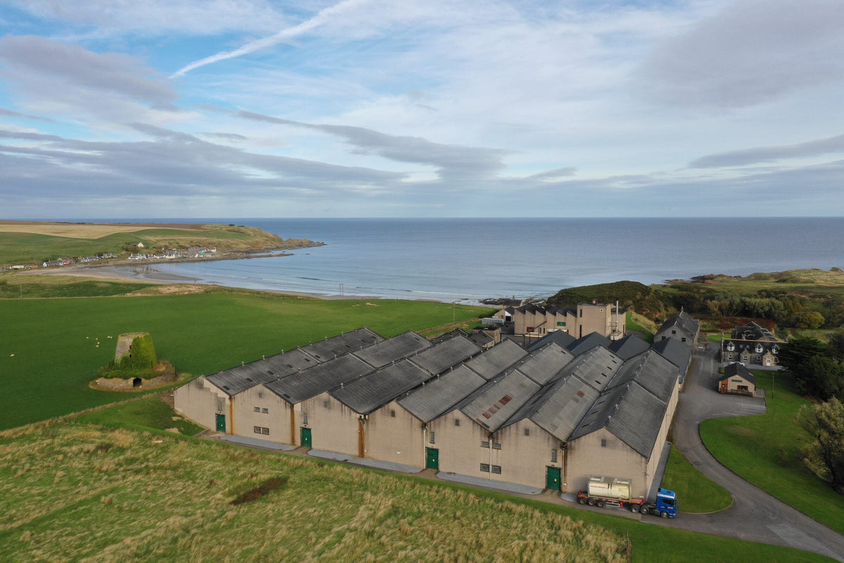 Glenglassaugh Distillery seen from above on the Moray coast