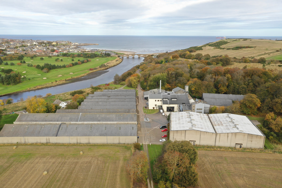 Macduff distillery from the air, Highland Scotland, by The Single Cask