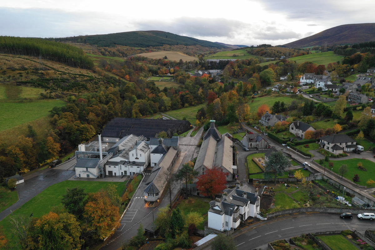 Mortlach distillery from the air, Speyside Scotland, by The Single Cask