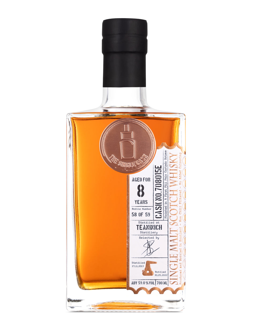 Teaninich Single Cask scotch whisky, dark whisky colour, luxury bottle, premium whisky