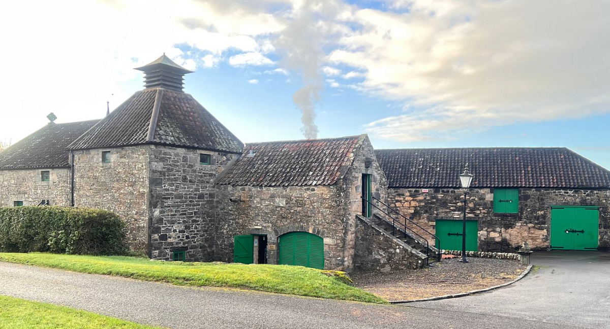 Daftmill Distillery farm buildings in the Howe of Fife, Lowland Scotland