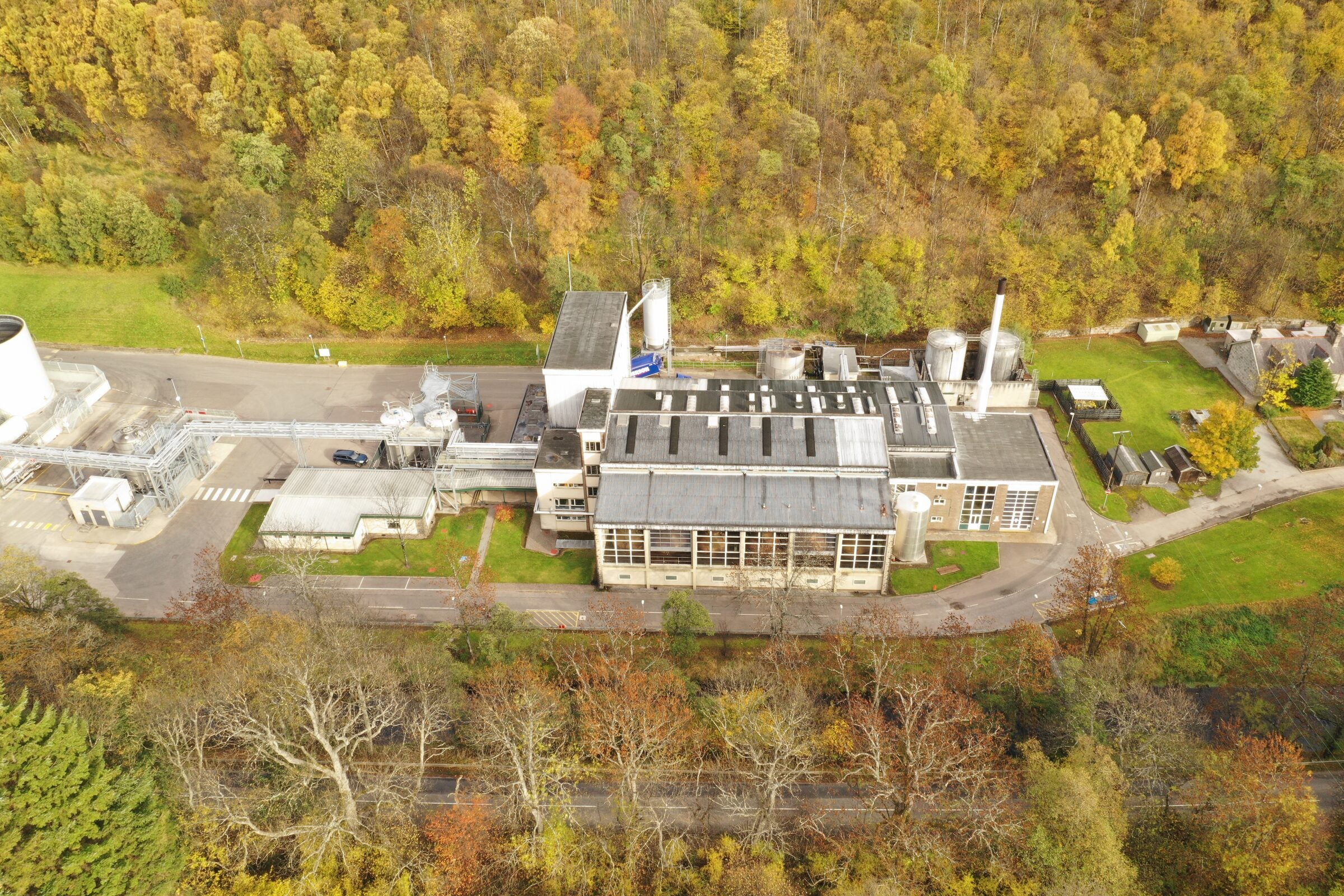 Glendullan distillery from the air, Speyside Scotland