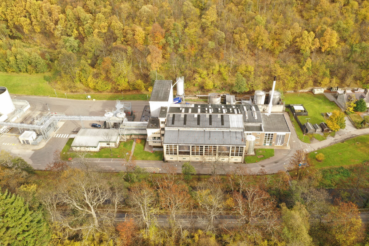 Glendullan distillery from the air, Speyside Scotland