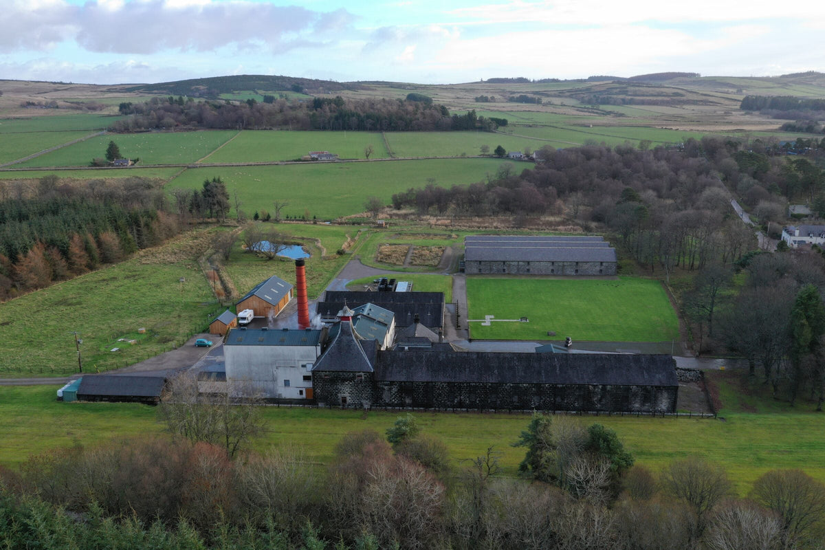 Aerial view of Knockdhu Distillery (anCnoc) in the countryside at Knock, Aberdeenshire