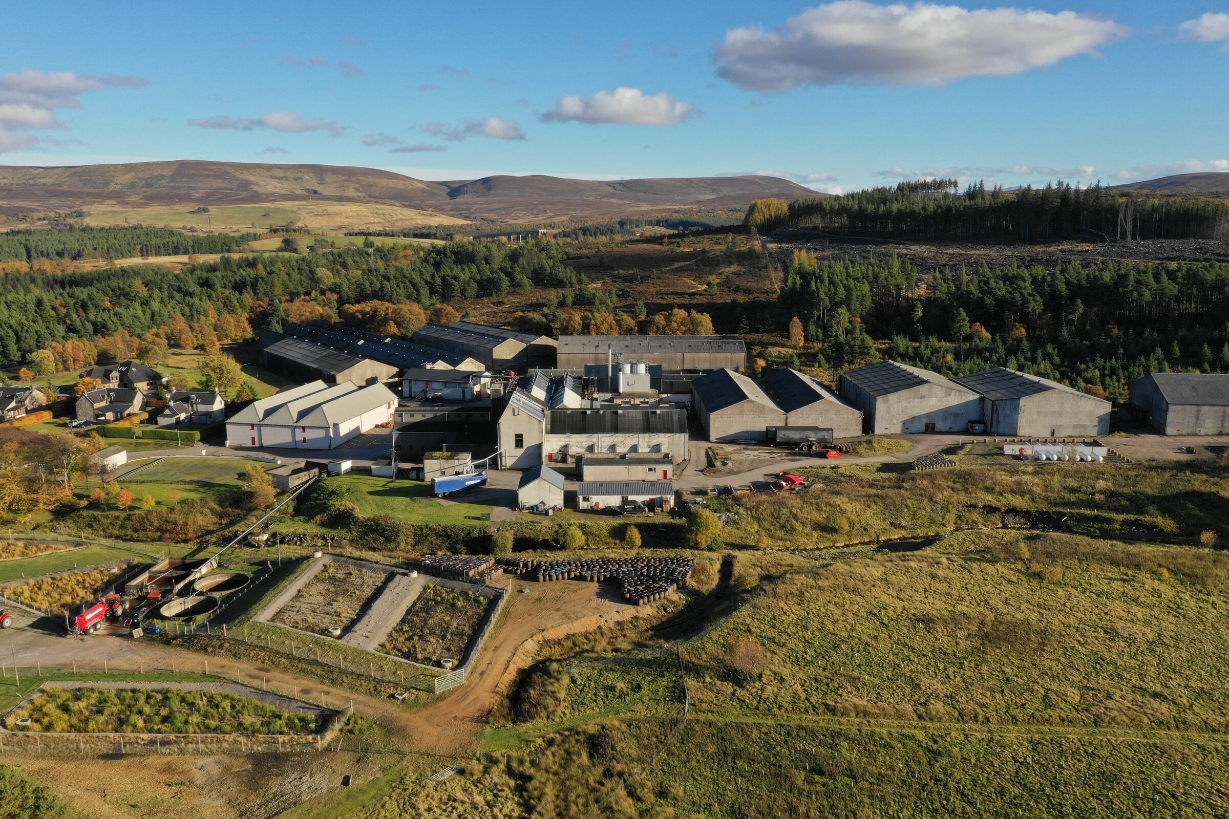Aerial view of Tomatin Distillery in the Highlands south of Inverness