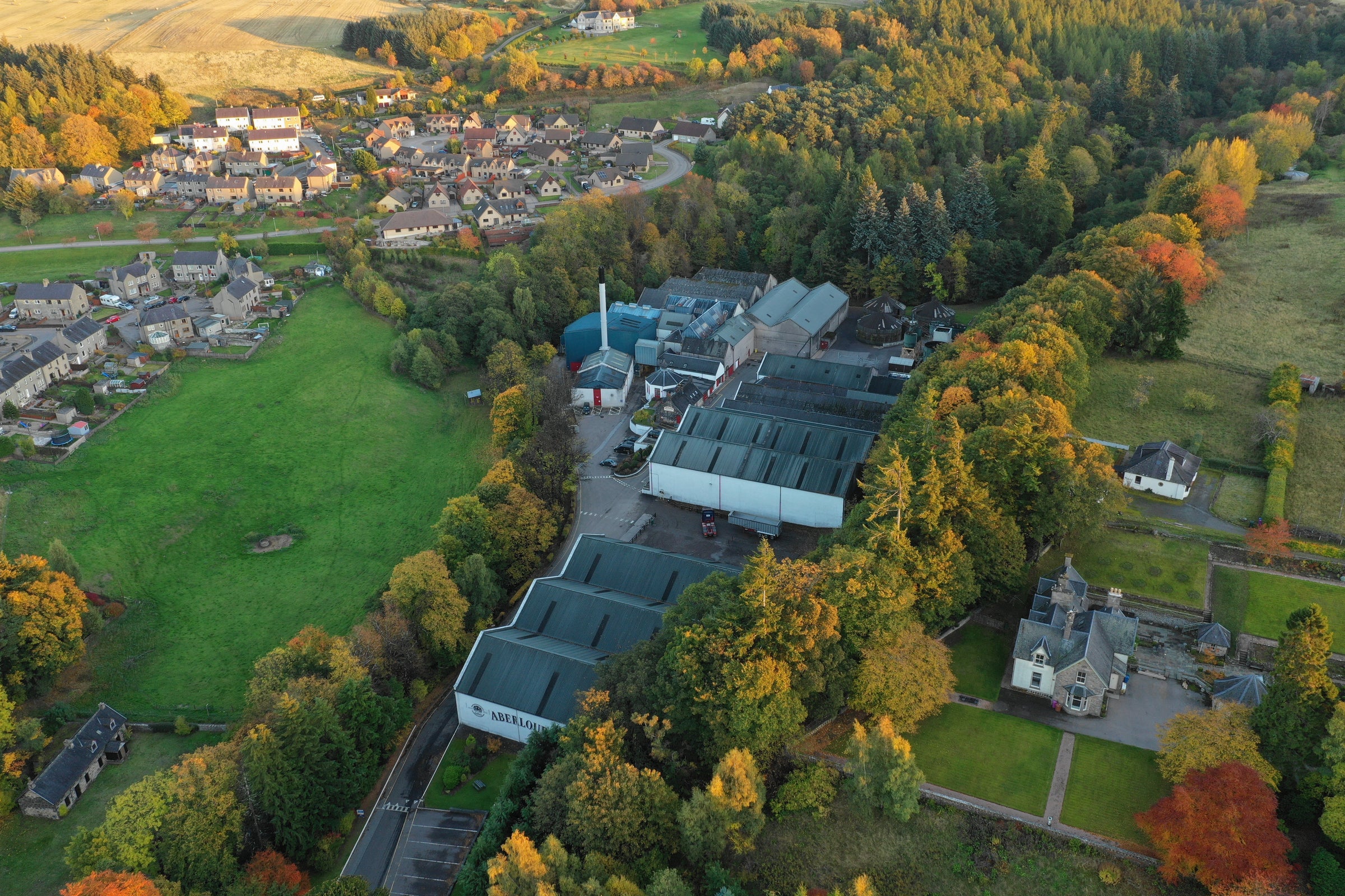 Aberlour distillery from the air, Speyside Scotland, by The Single Cask