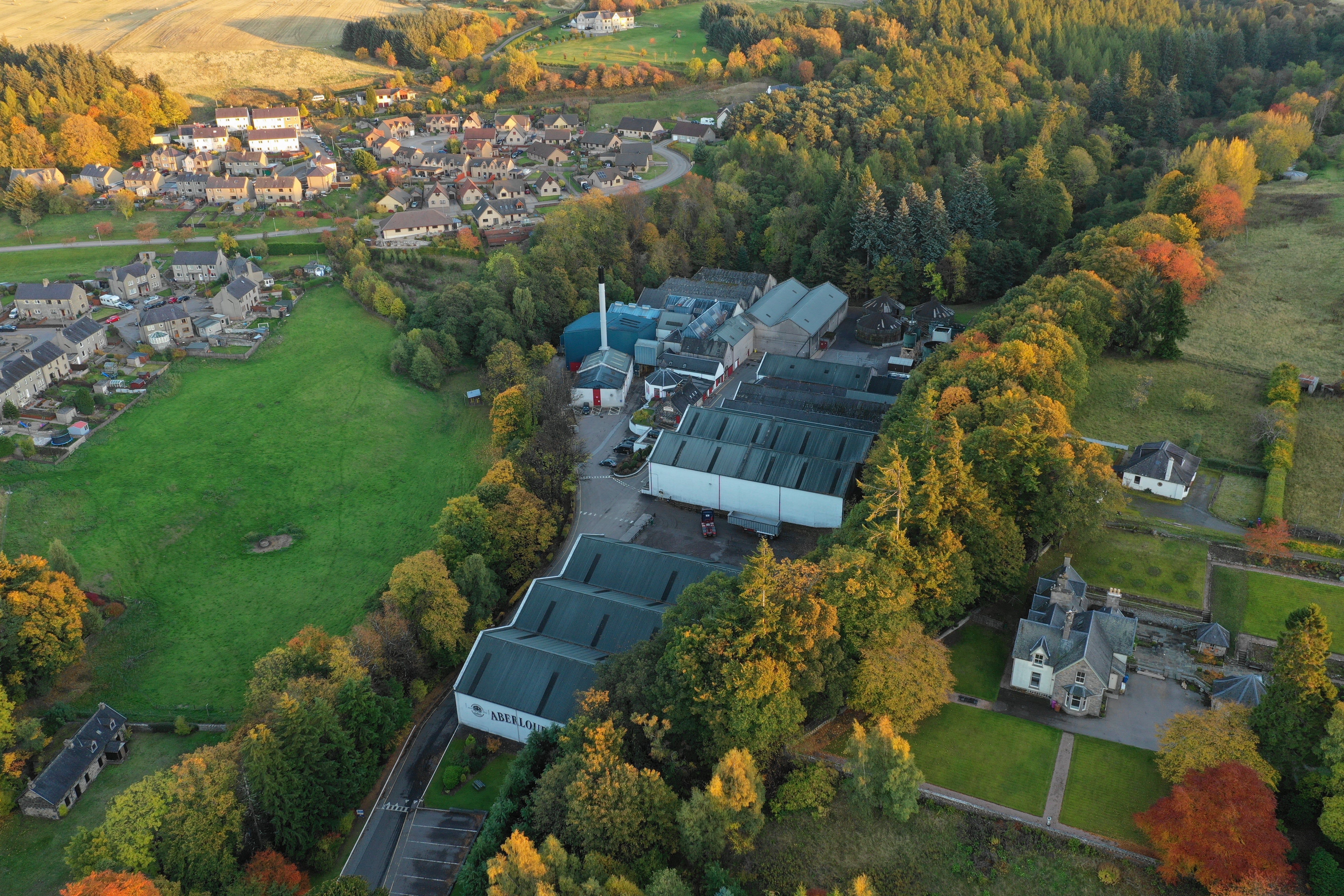 Aberlour distillery from the air, Speyside Scotland, by The Single Cask