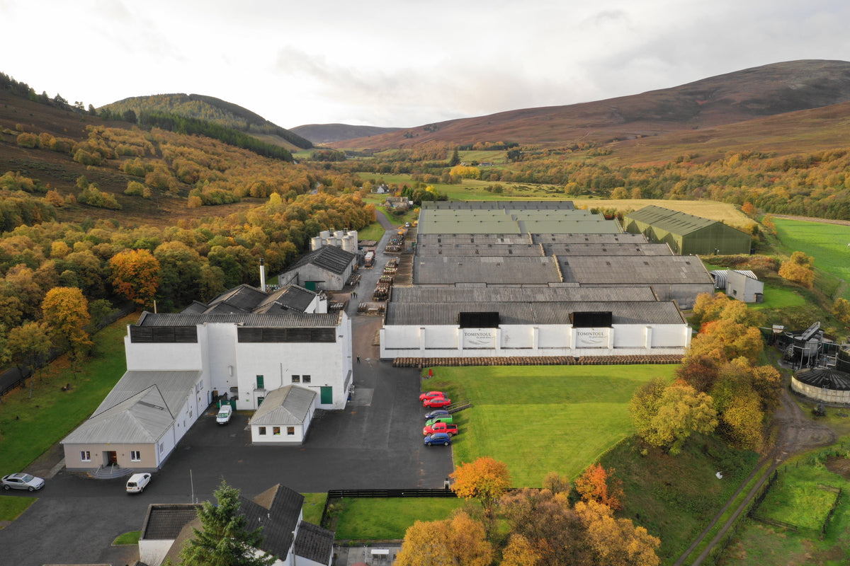 Tomintoul distillery from the air, Speyside Scotland, by The Single Cask