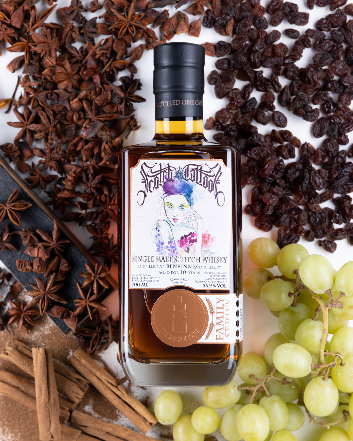 Benrinnes scotch whisky, visual whisky tasting shot, whisky art work, woman whisky label, flowers whisky label, luxury whisky